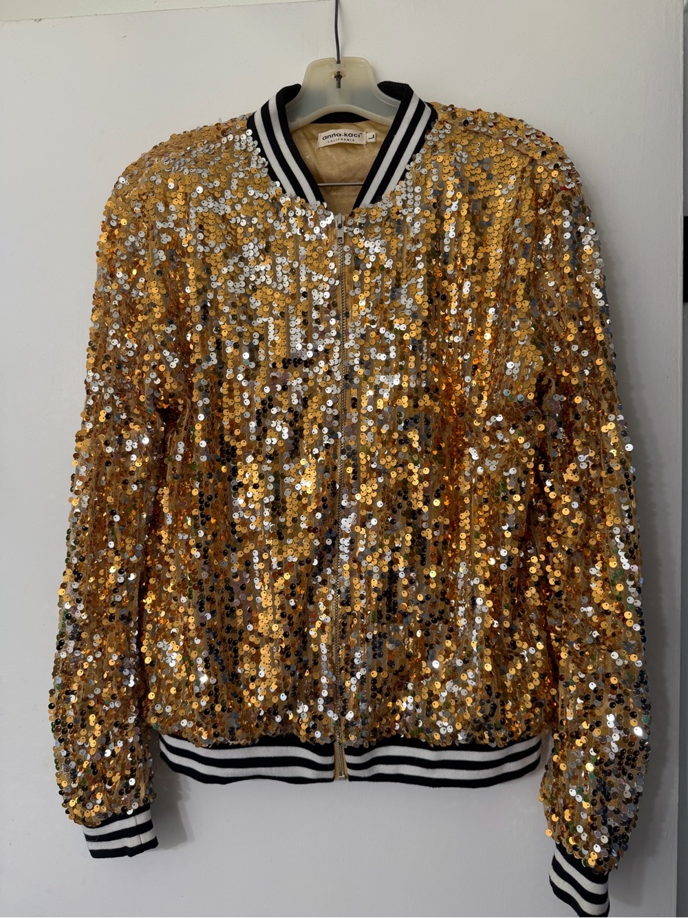 Gold Sequin Bomber Jacket with Striped Trim by Sonia Rykiel